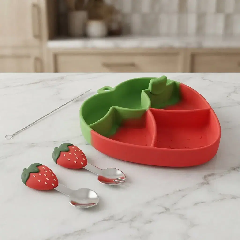 Plato de Silicona con Succión para Bebé Modelo Fresita + Cubiertos | Antiderrames y Antivuelco