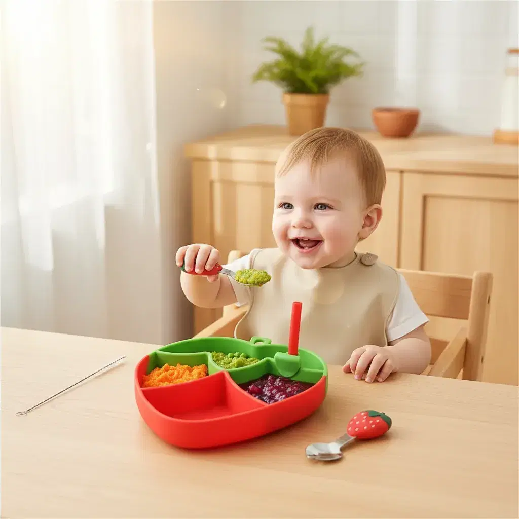 Plato de Silicona con Succión para Bebé Modelo Fresita + Cubiertos | Antiderrames y Antivuelco