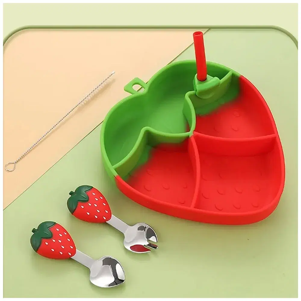 Plato de Silicona con Succión para Bebé Modelo Fresita + Cubiertos | Antiderrames y Antivuelco