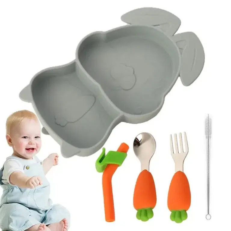 Set de Silicona para Bebé Modelo Conejito con Cubiertos, Sorbete y Cepillo de Limpieza