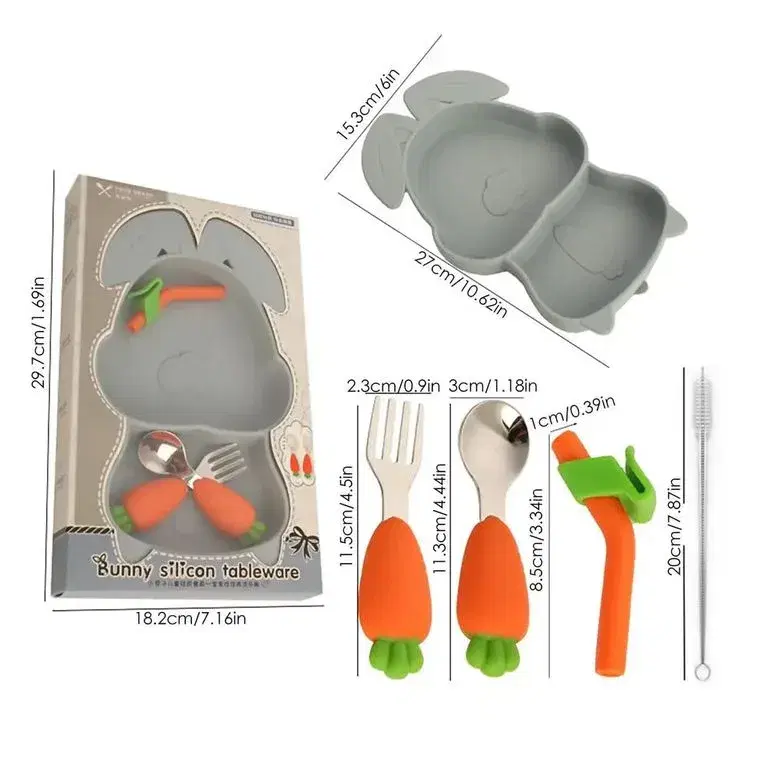Set de Silicona para Bebé Modelo Conejito con Cubiertos, Sorbete y Cepillo de Limpieza
