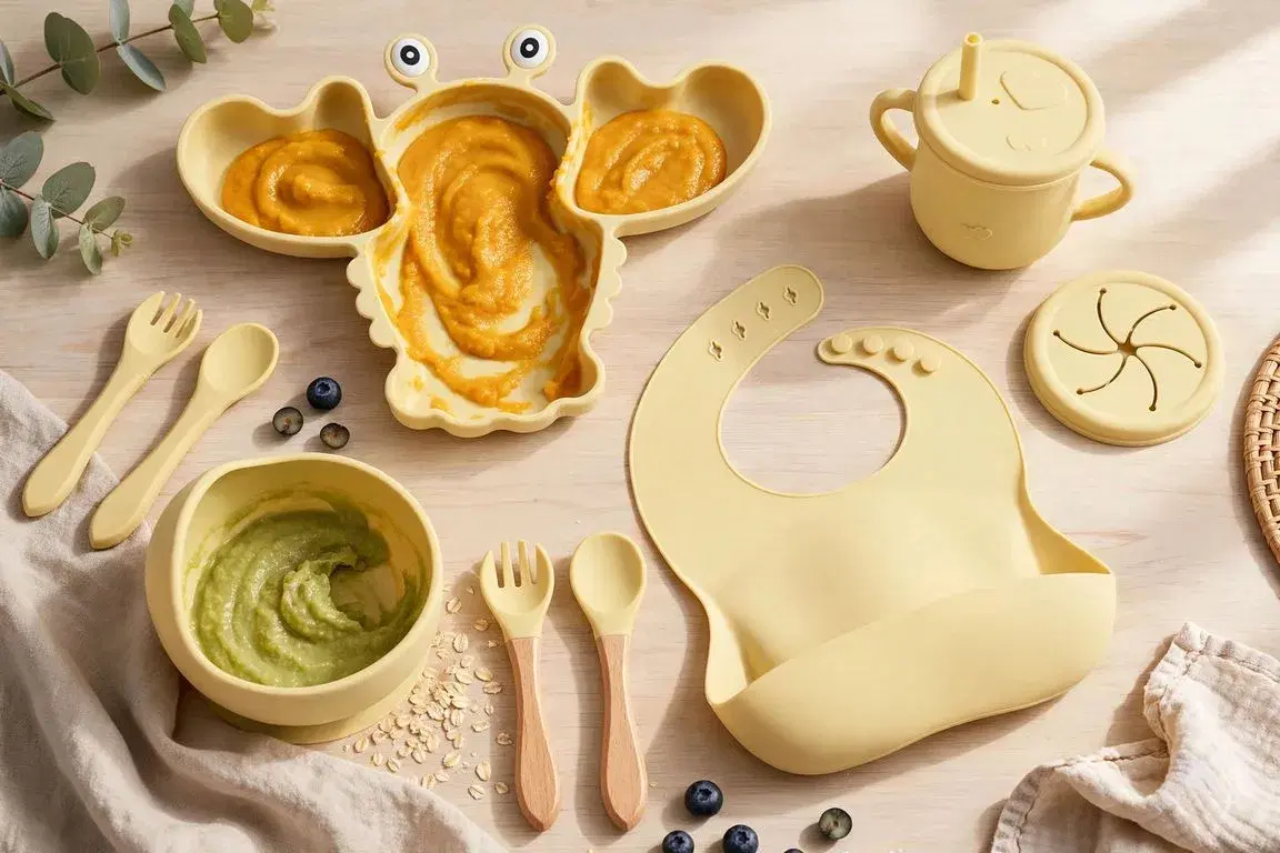 Set de Alimentación Bebé Silicona Cangrejo Amarillo 8 Piezas | Plato, Babero, Bowl, Vaso y Cubiertos