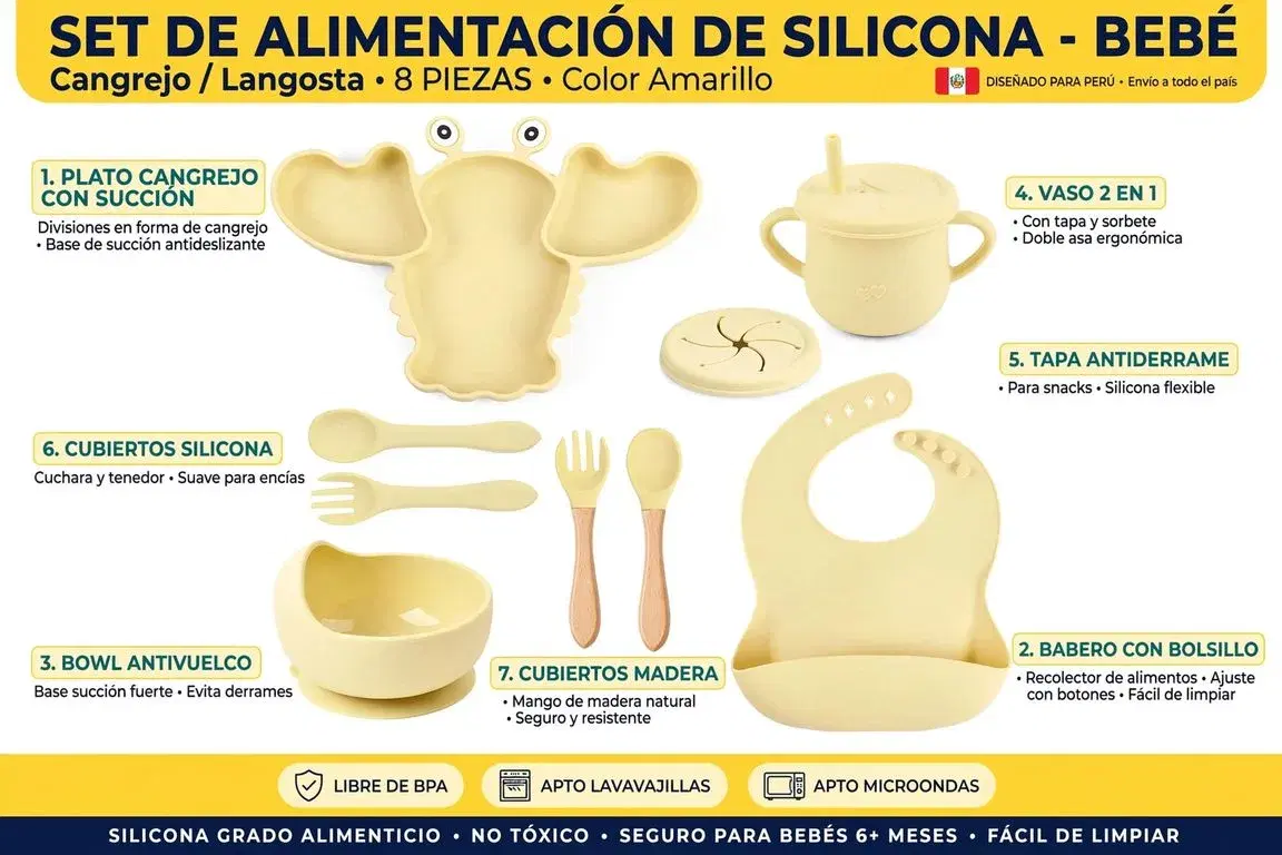 Set de Alimentación Bebé Silicona Cangrejo Amarillo 8 Piezas | Plato, Babero, Bowl, Vaso y Cubiertos