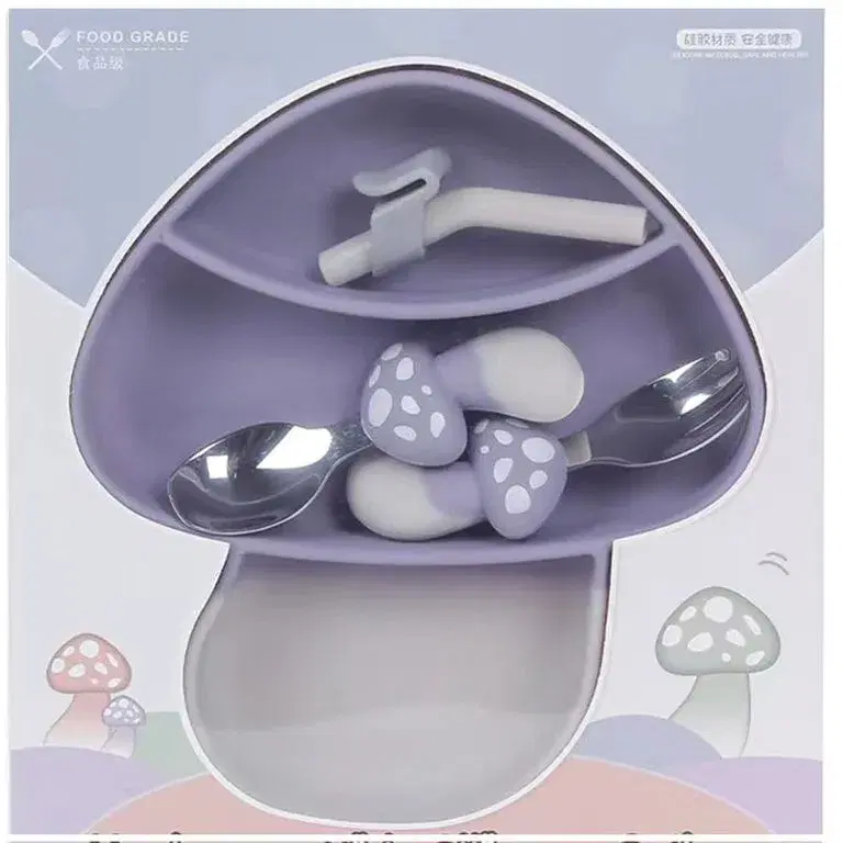 Plato de Silicona con Succión para Bebé Modelo Honguito | Incluye Cubiertos, Sorbete y Cepillo