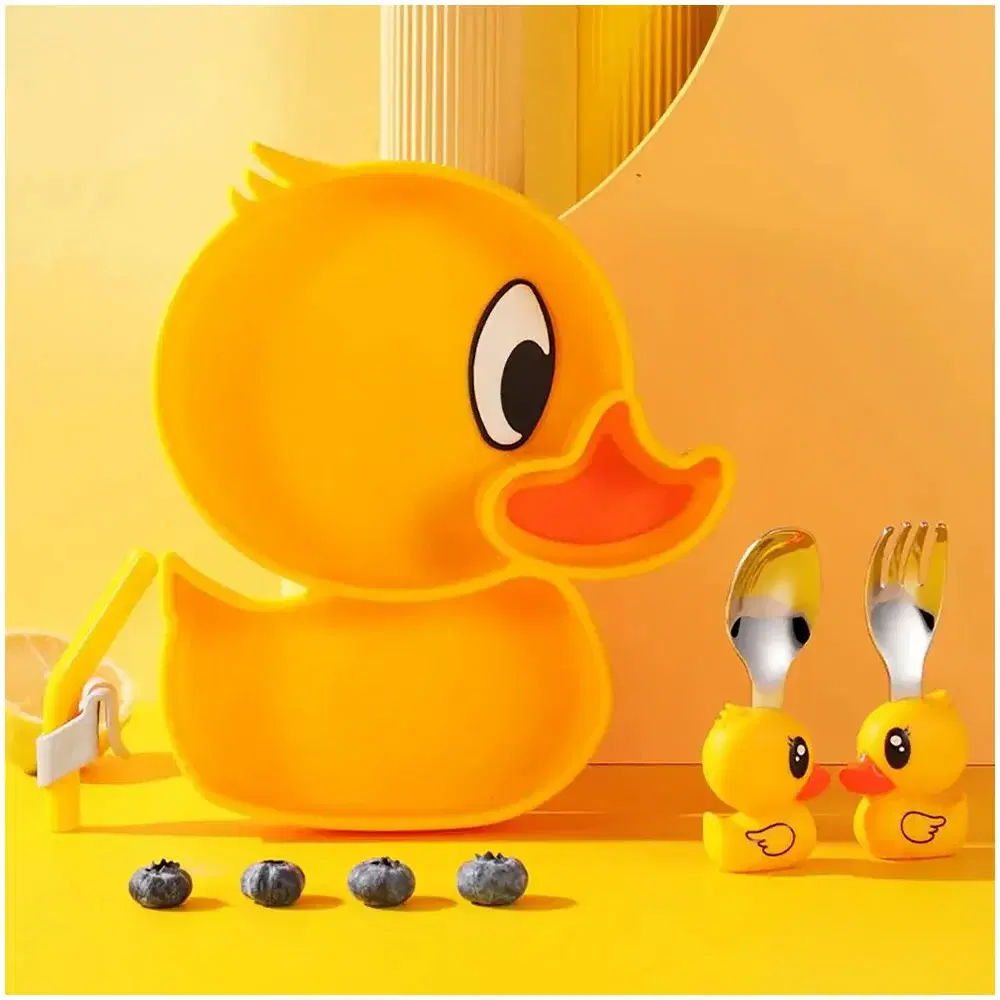 Set de Silicona para Bebé Modelo Patito con Cubiertos de Acero Inoxidable, Sorbete y Cepillo