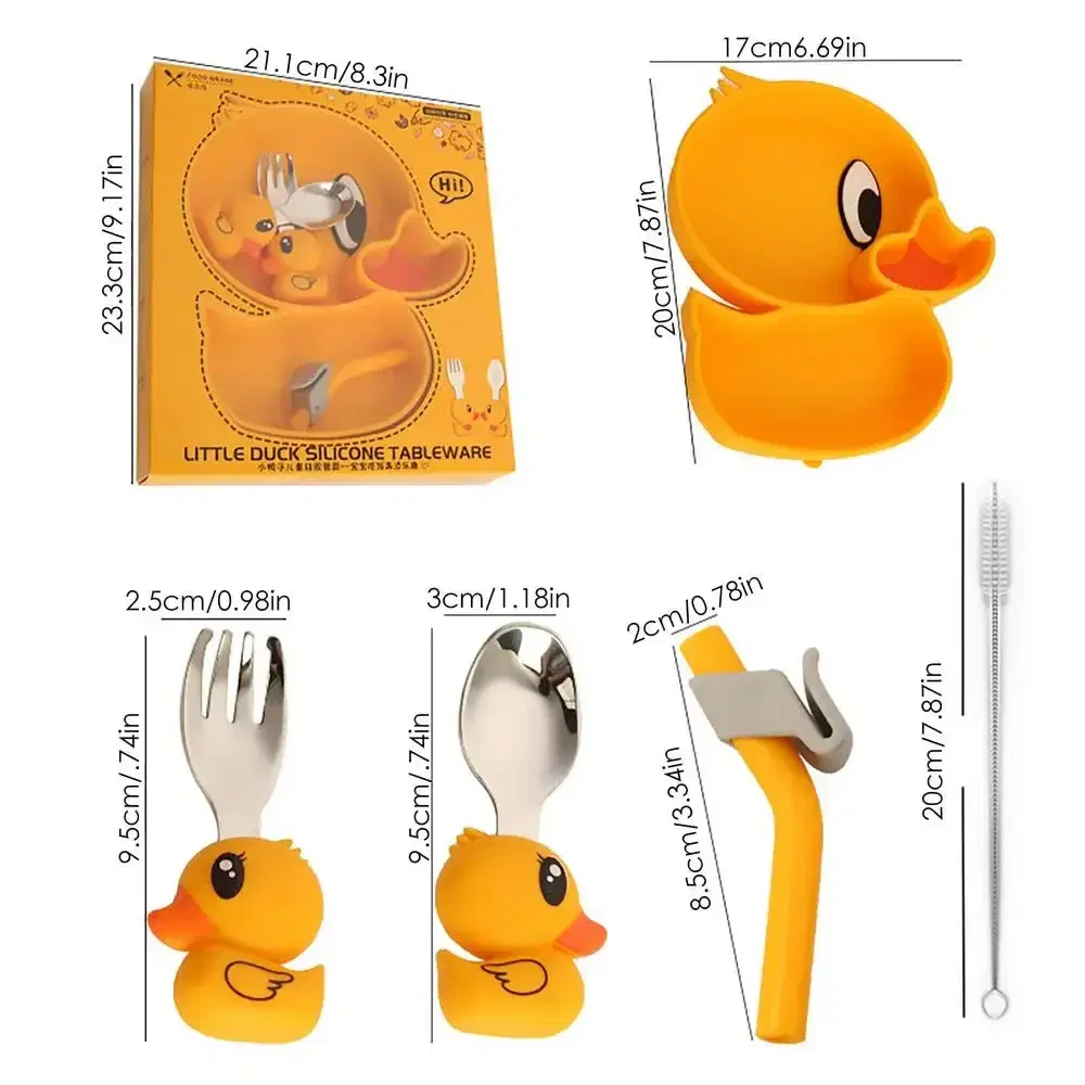 Set de Silicona para Bebé Modelo Patito con Cubiertos de Acero Inoxidable, Sorbete y Cepillo