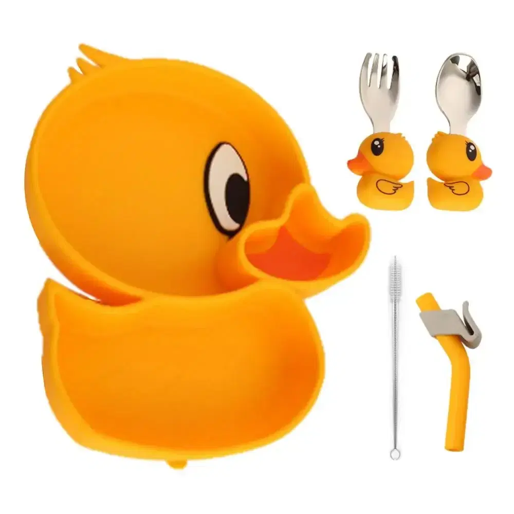 Set de Silicona para Bebé Modelo Patito con Cubiertos de Acero Inoxidable, Sorbete y Cepillo