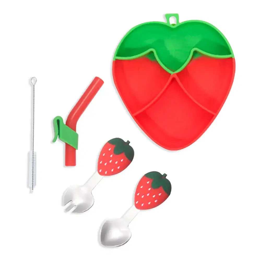 Plato de Silicona con Succión para Bebé Modelo Fresita + Cubiertos | Antiderrames y Antivuelco
