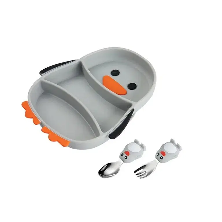 Plato de Silicona con Succión para Bebé Modelo Pingüino + Cubiertos | Antiderrames y Antivuelco