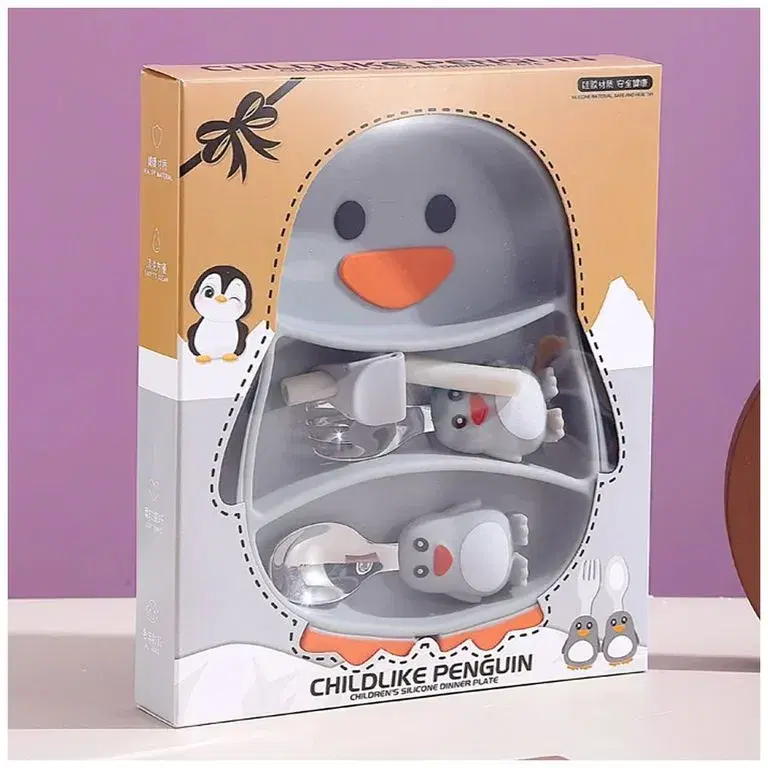 Plato de Silicona con Succión para Bebé Modelo Pingüino + Cubiertos | Antiderrames y Antivuelco