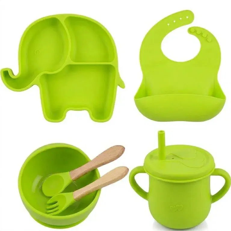 Set de Alimentación de Silicona para Bebé Diseño Elefante: Plato + Bowl + Babero + Vaso (Verde)