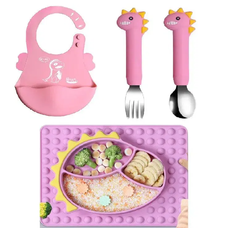 Set Dinosaurio para Bebé: Mantel-Plato con Succión + Babero + Cubiertos (Rosado)
